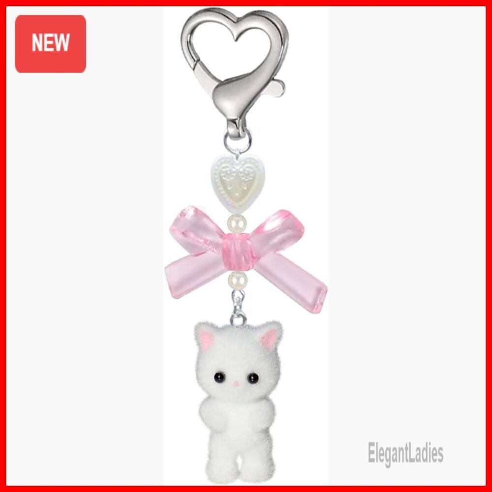 Faux Fur Cat Keychain with Heart Clip, 9cm Bag Charm